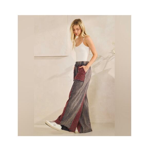 Sage + Fig Wide Leg Plaid Patchwork Washed Pants - Blue - Picture 5 of 7